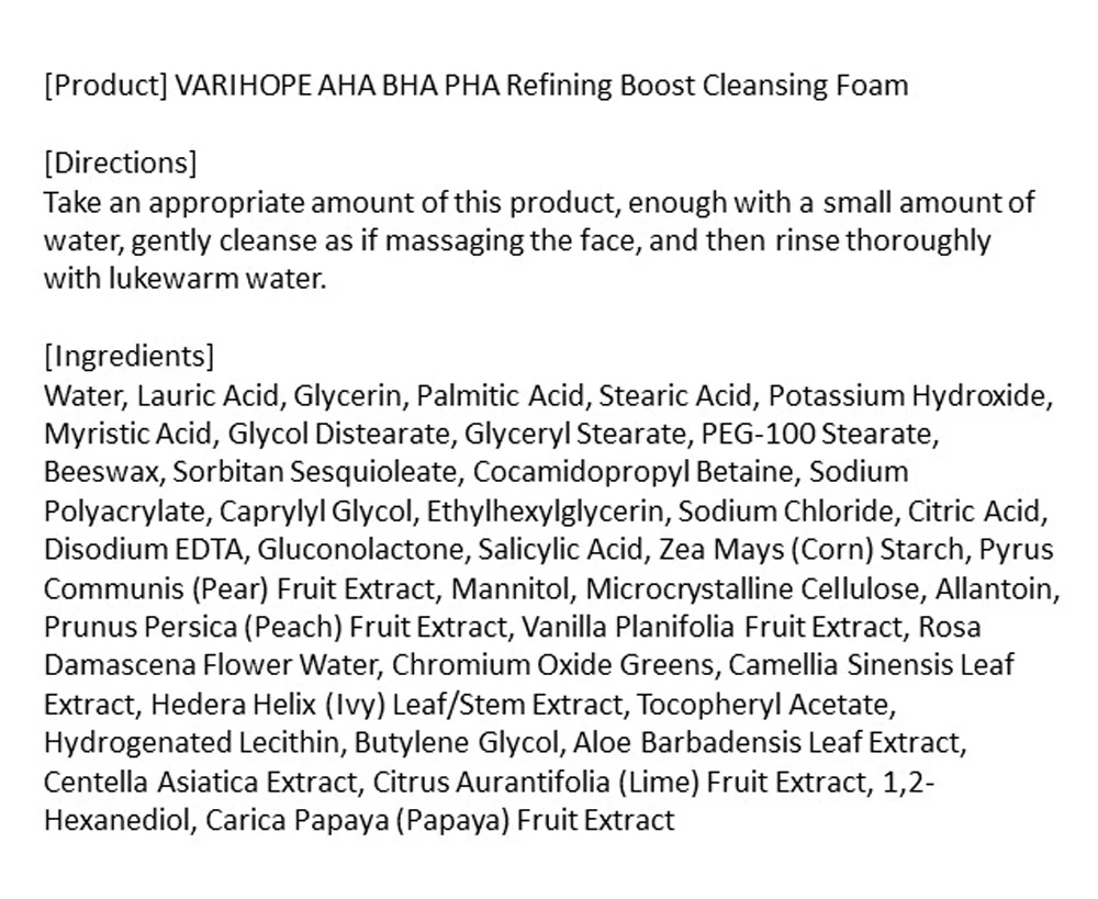 Korea Skincare Face Foam Cleanser Varihope Salicylic Acid Aha Bha Pha