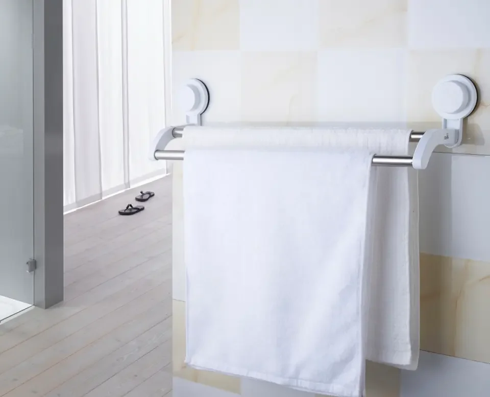 Suction Cup Wall Mounted Double Towel Bar Hanging Holder Bathroom Shelf