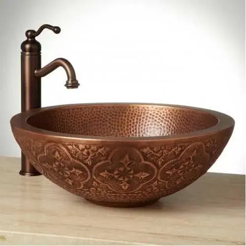 Hammered Look Leaf Design Copper Hand Wash Basin in Vintage Look Used for Home and Hotels Bathroom Accessories