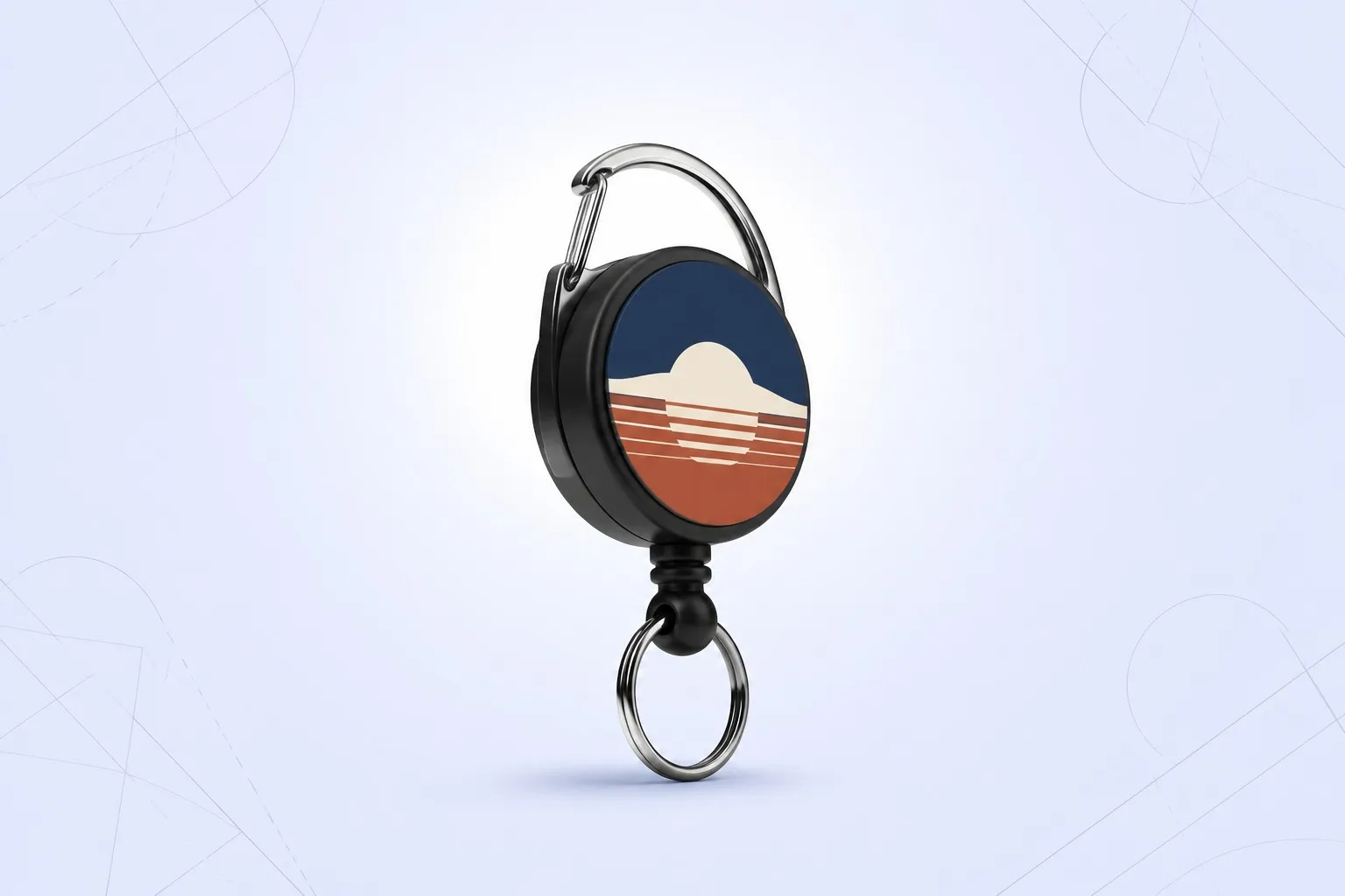 45-degree floating product shot — retro sunset stripe graphic, carabiner and key ring