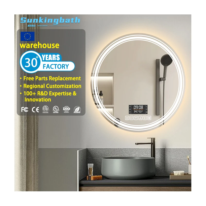 Factory Direct Sell Round LED Bathroom Anti Fog Bluetooth Speaker Time Clock Vanity Light Touch Screen Mirror