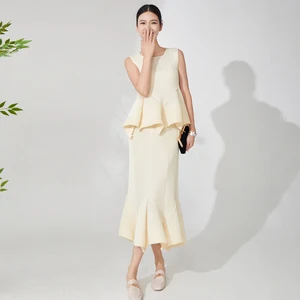 Latest Design Miyake Pleated Set Design Summer Sleeveless Top and Skirt Two-piece Set Stretch Elegant Women's Set