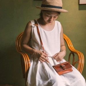 Customizable Women's Midi Dress 100% Linen Casual Sleeveless Tank Natural Waist Woven Weave Eco-Friendly Button Plus Sizes