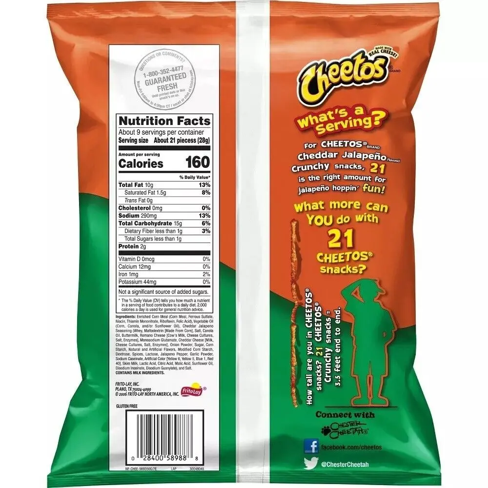 Cheetos Crunchy Cheddar Jalapeno Cheese Puff Snacks Chips 8.5 Oz Bag