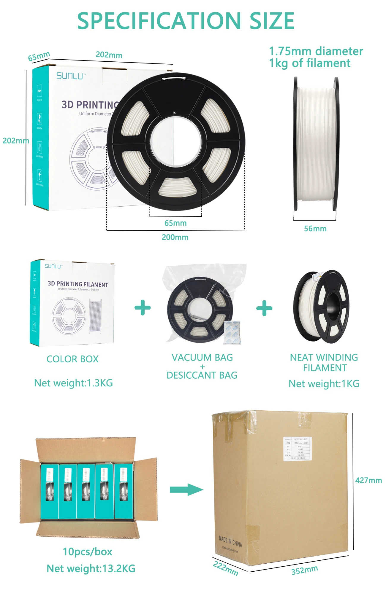 Sunlu Hyper Big Roll Pla Filament 1.75mm 3kg Grey White Pla Filament