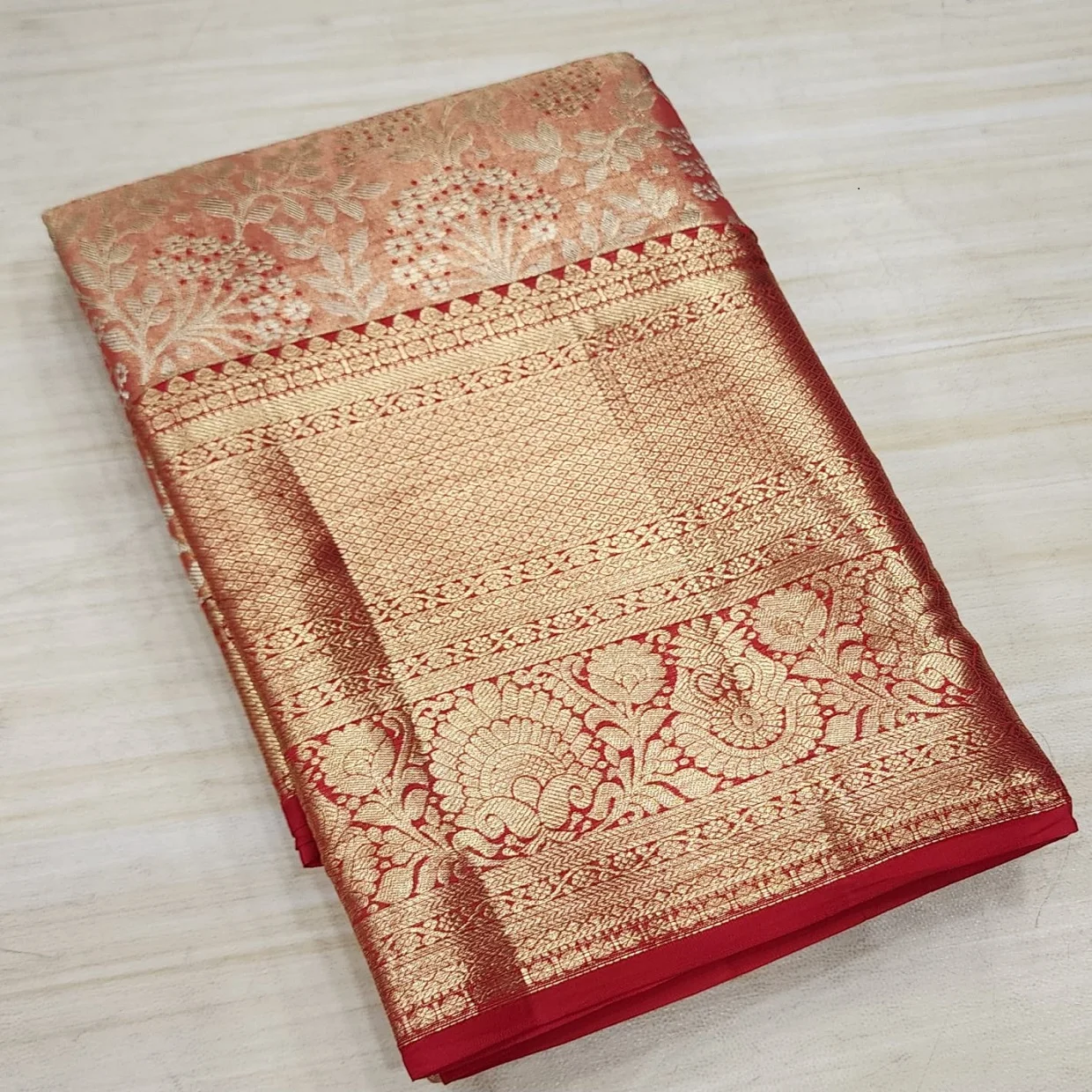 Custom Made Pishwas Saree Handcrafted Intricate Pattern Blend of Red and Shimmering Gold Hues. Ideal for Wedding and Party