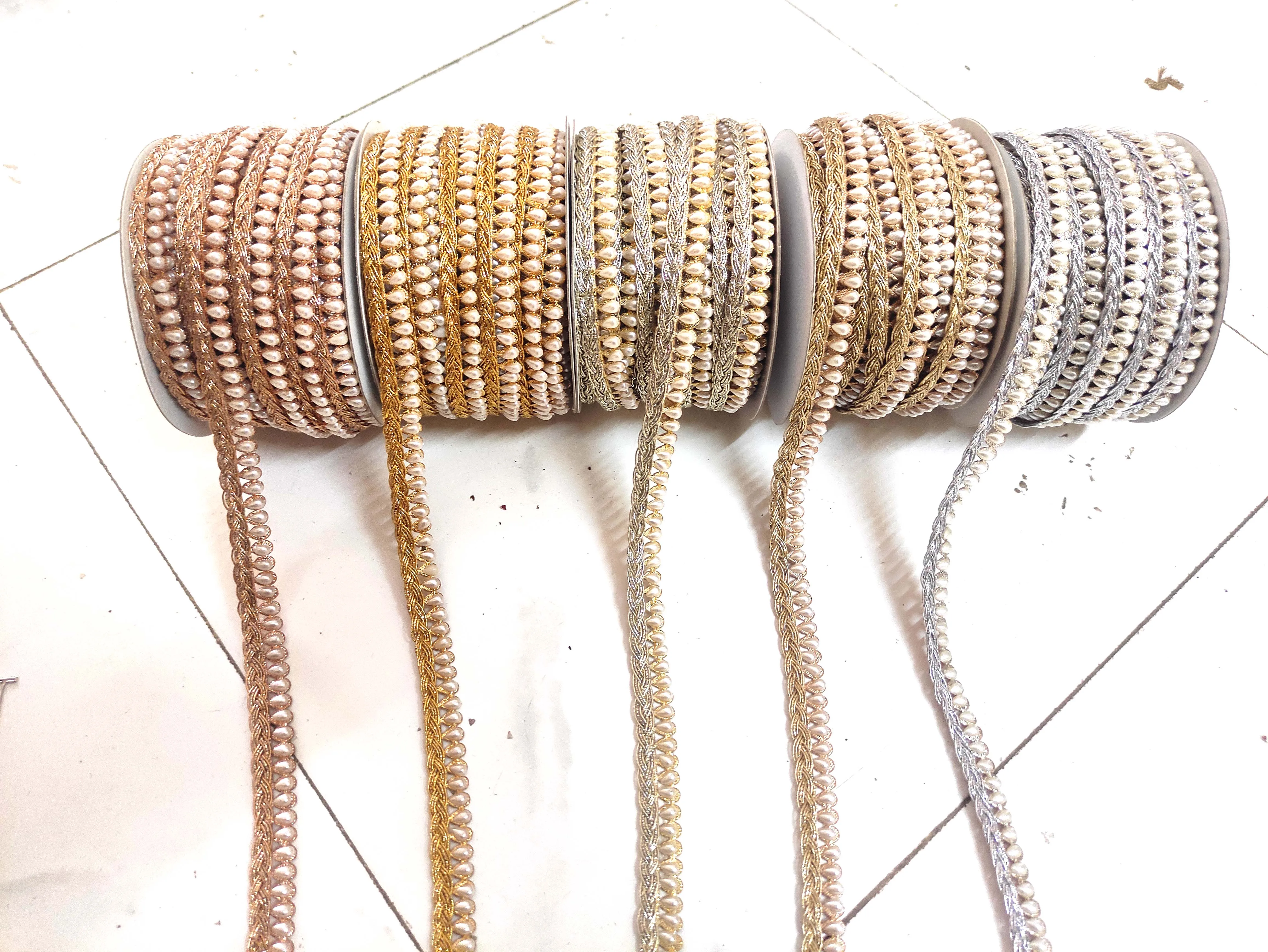 CRYSTAL CREAM BEADS LACE CUT WORK TRIM 20MM GIMP for WOMEN'S DRESS and GARMENTS DEALS in WHOLESALE CUSTOMIZED COLOR