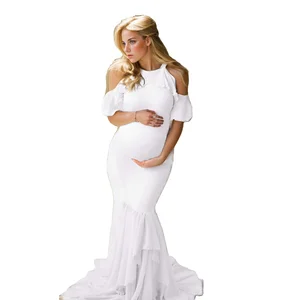 Women Halter Chiffon Ruffle Sleeve Elegant Fitted Gown Baby Shower Maxi Photography Photo Shoot Mermaid Maternity Dress