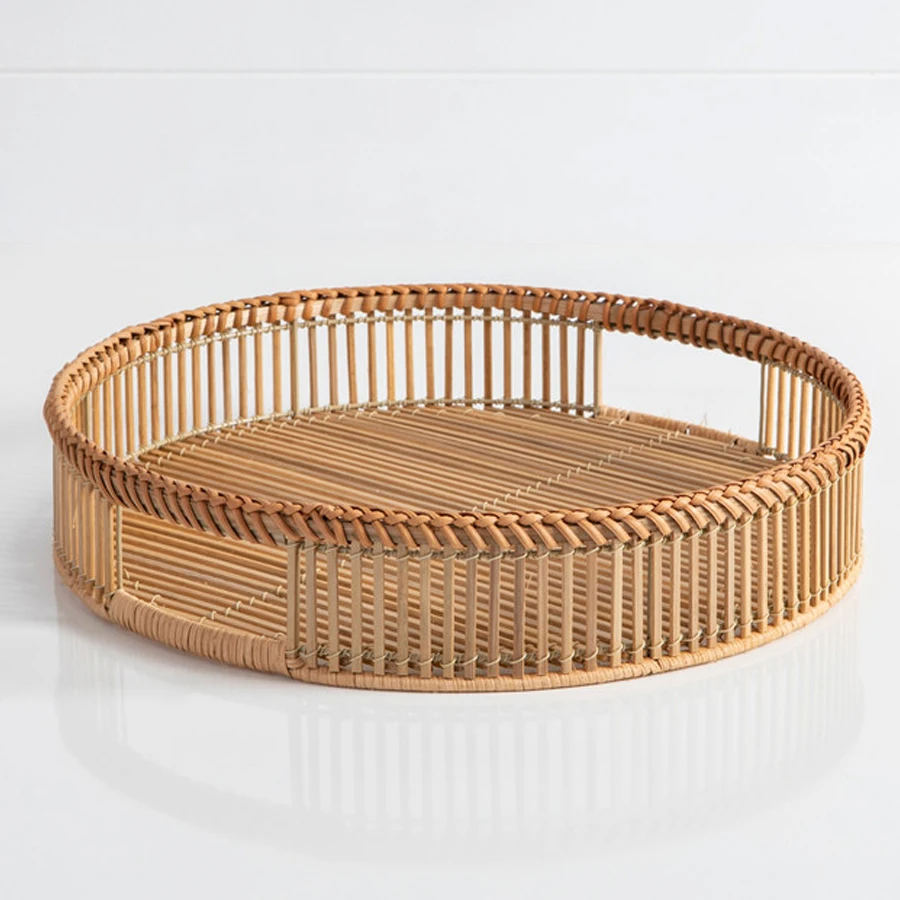 Bohemian Round Bamboo Serving Tray With Leather Handles Model Tray For ...