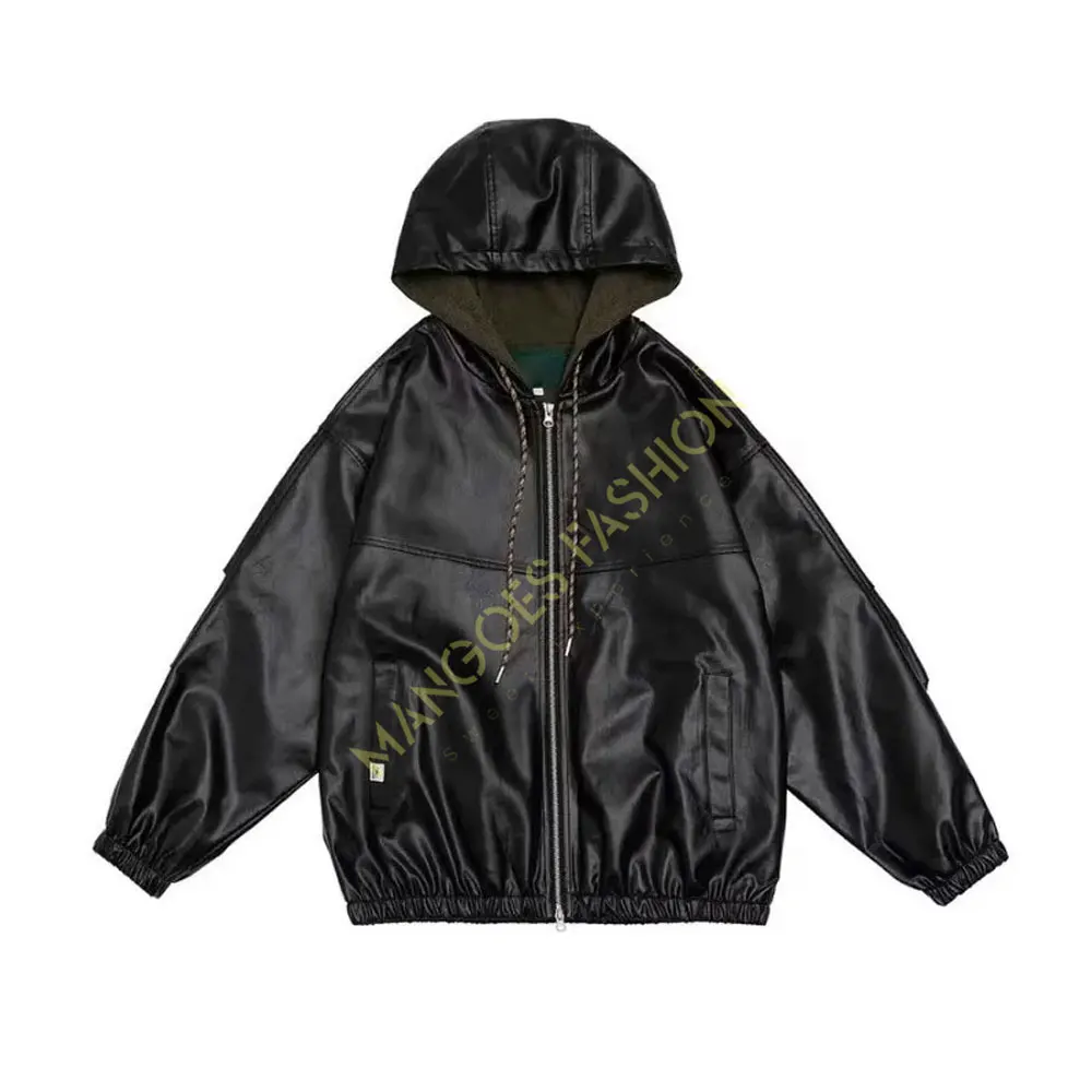 ヘムライン エコレザーブルゾン ヤマダヤAga Hooded Men's PU Leather Jacket - Autumn Motorcycle Style