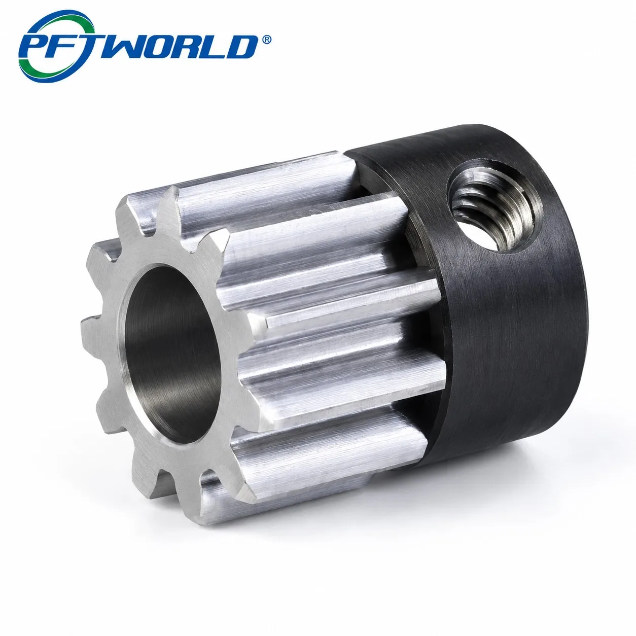 PFTWORLD precision CNC machined gear with black oxide coupling hub