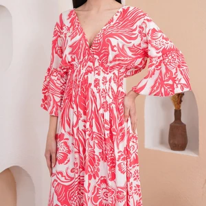 Chic Classy Breezy Pink Maxi Dress With Sleeves V Neck Oversized Floral Flattering Blue Dress  Available Big Size Wholesale