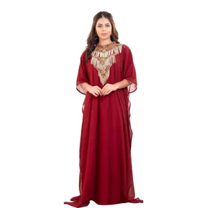 Traditional Abaya Muslim Embroidery Dress Elegant Maroon Embellished Kaftan Gown for Women Soft Georgette Fabric