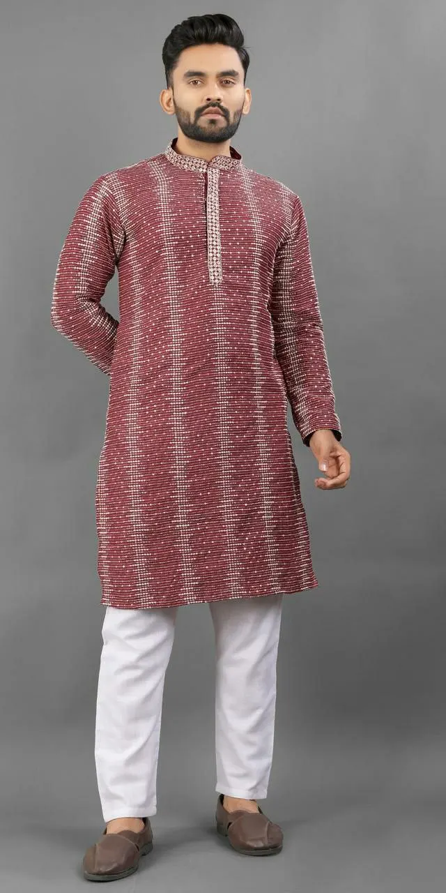 Haldi Special Yellow Color Traditional Look Cheap Price IMPORTAN  FABRIC Thread& Embroidery Work Men's Kurta& Plain White Pent