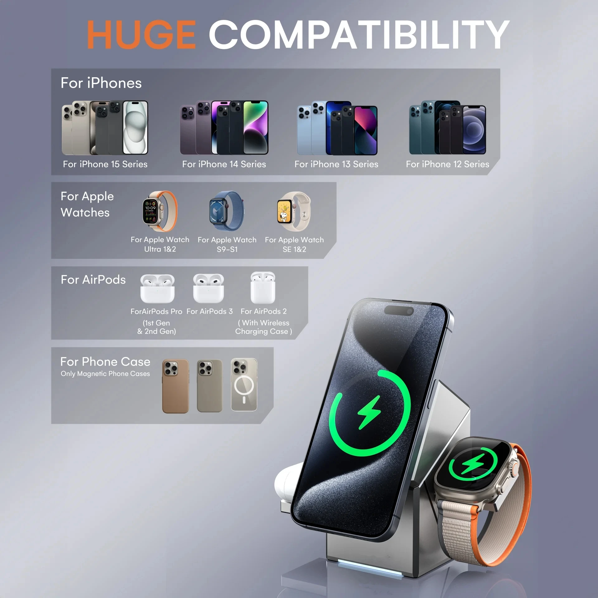Touch Autorotation Magnetic Wireless Charging Station Qi2 15W Fast Charging Phone 3 in 1 Wireless Charger for IWatch AirPods