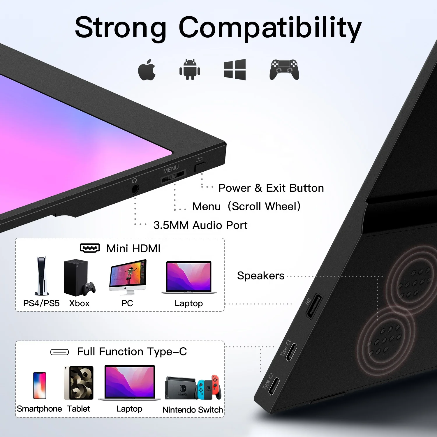 15.6 inch Portable Laptop Monitor, 1080P USB C HDMI Computer Monitor HDR IPS Gaming Monitor HDMI for Mac Phone PS5 Xbox Switch