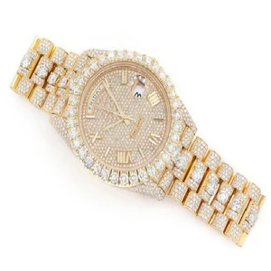 High Quality Yellow Gold Fully Iced Out Diamond Business Watch for Men with Glass Dial-Hip Hop Lover Gift