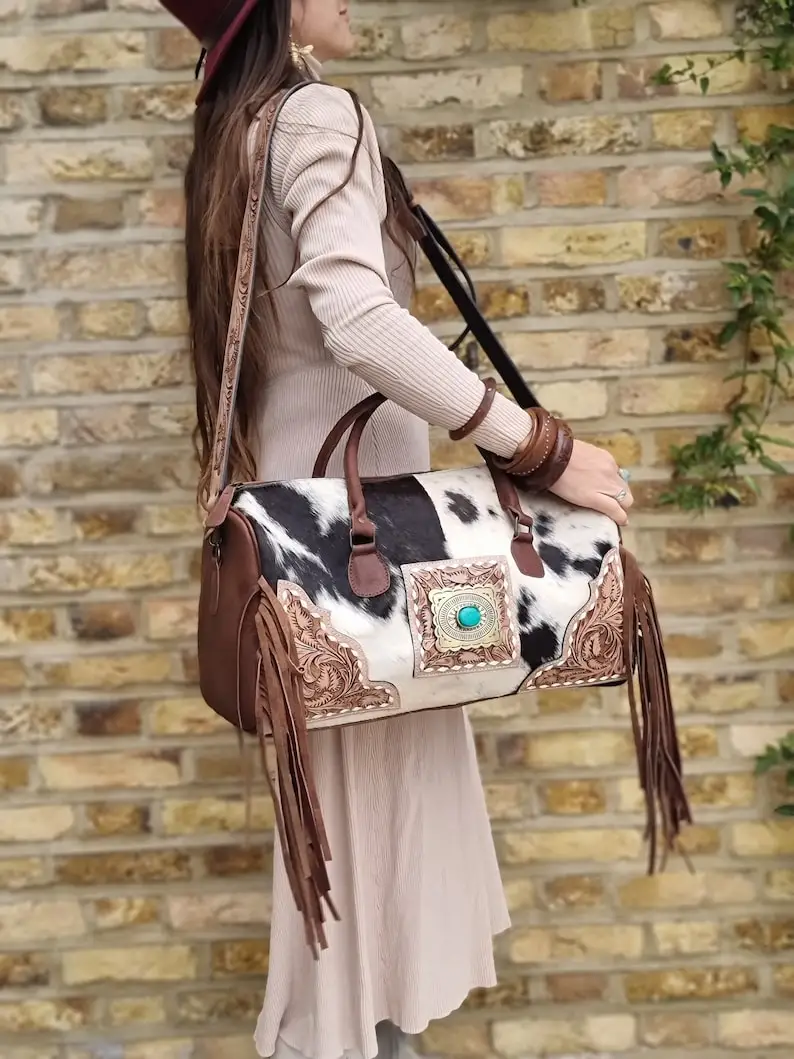 Cowhide Leather Duffel Bag With Fringe And Turquoise Stone 100 Full
