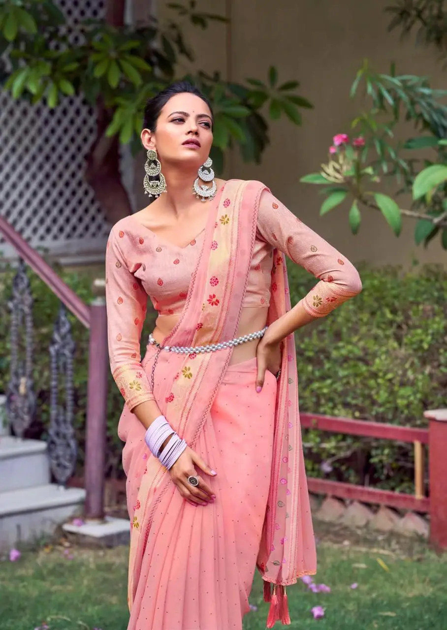 Elegant Premium Georgette Silk Saree with Foil Swarovski Work Pakistani Style Party Dress for Girls with Fancy Blouse