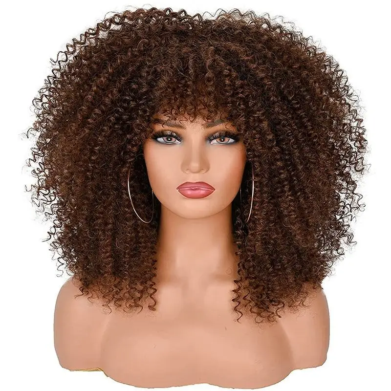 16''short Hair Afro Kinky Curly Wig With Bangs For Black Women Cosplay