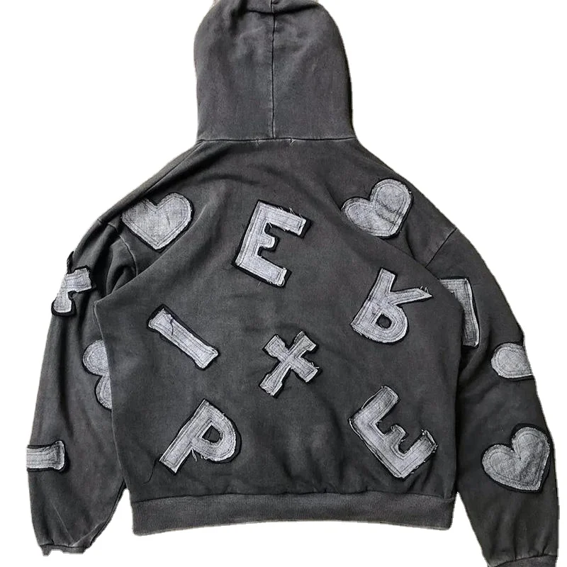 High Quality Custom Applique Washed Distressed Unisex Hoodie Cotton ...