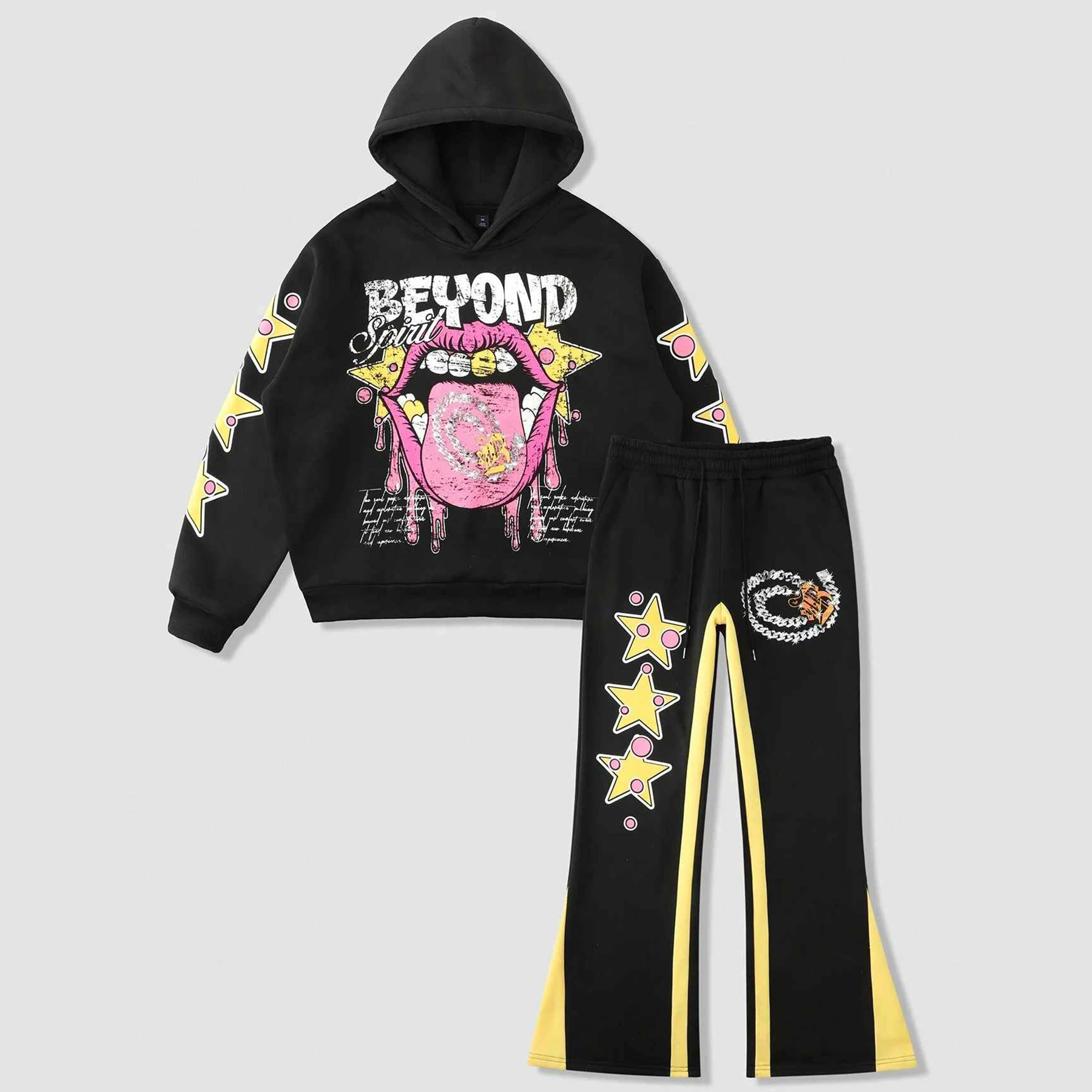Custom Vintage Acid Wash Hoodie Stacked Sweatpants Set 100% Heavyweight Cotton High Quality Print Wholesale Manufacture