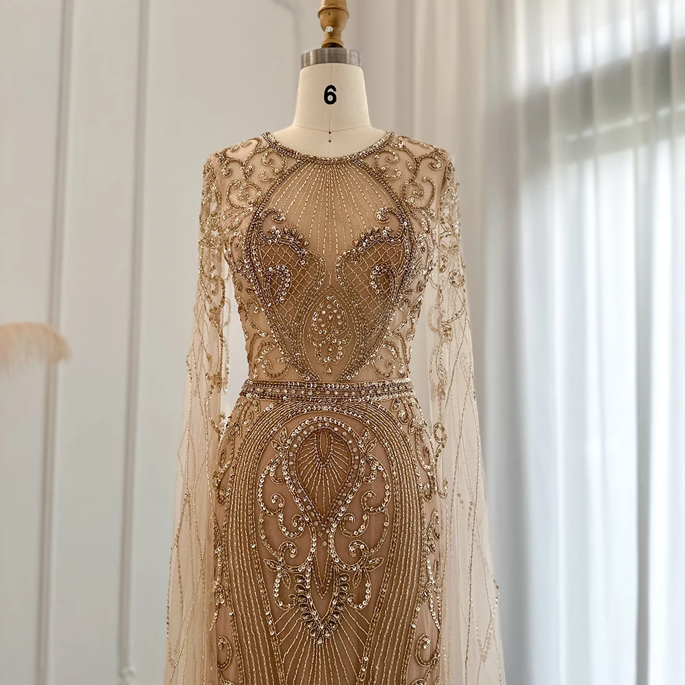 evening dresses brussels Beaded Tea-Length Evening Dresses Extra Long Sleeve Mother of the Brid –  Viniodress