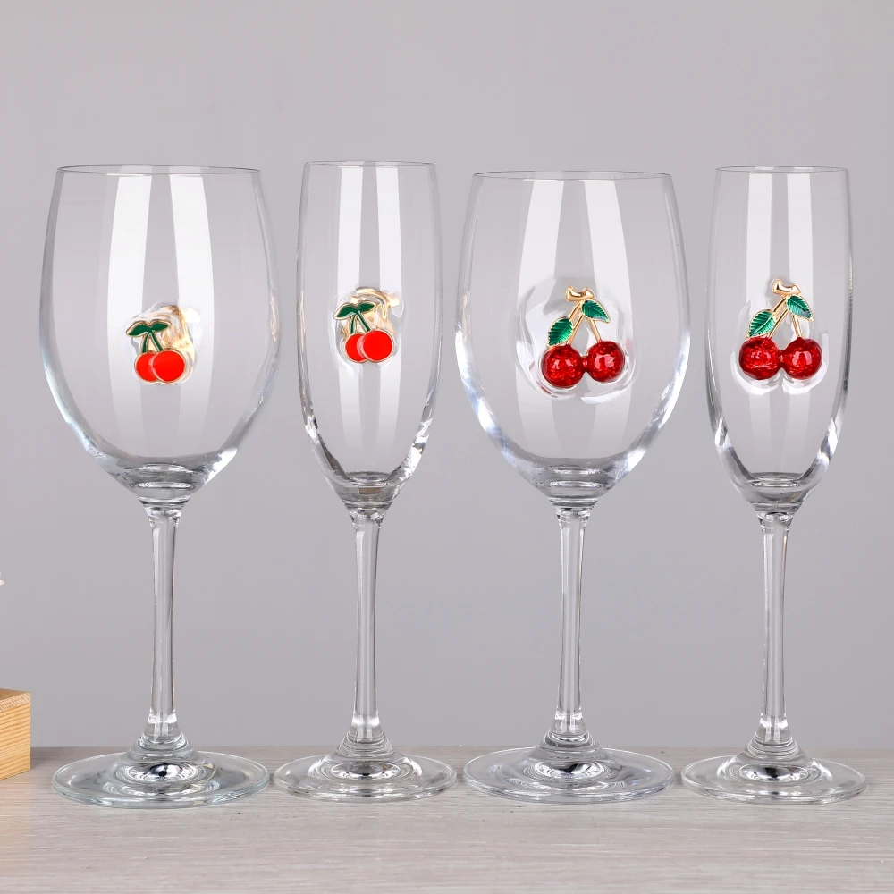 Metallic Affixed 3D Decorative Enamel Emblem Icon Attached Red Wine Drinking Champagne Flute Rocks Highball Collins Glass