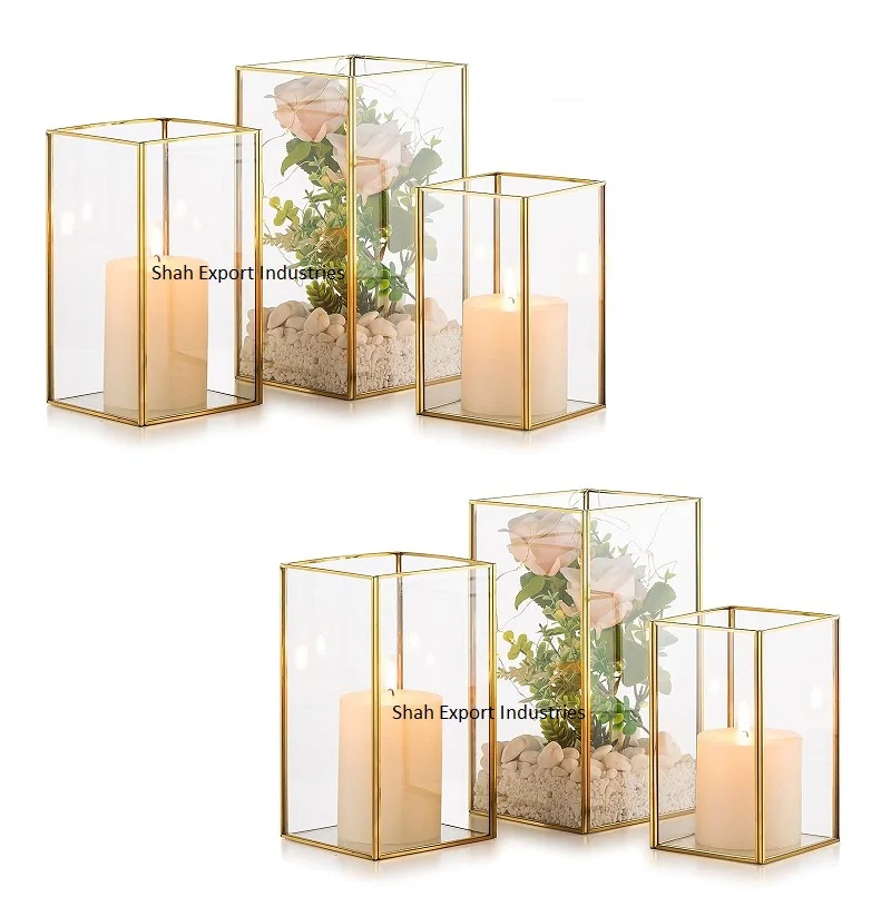 Luxury Brass Frame Border Glass Box Candle Holder Set For Wedding Table ...