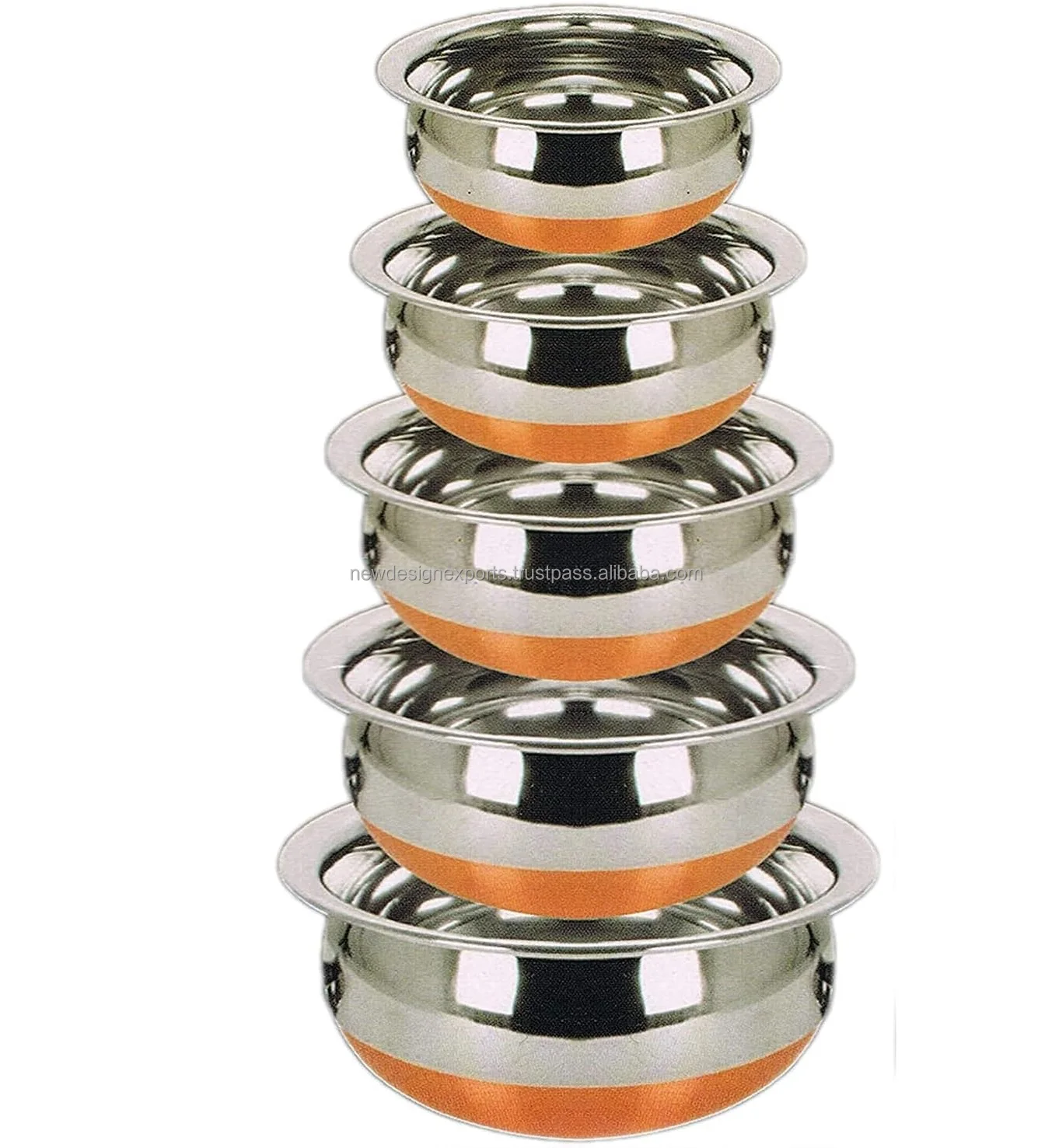 Indian Serving Handi 5 Pcs Set  Copper Bottom Stainless Steel Cooking Pot Biryani Punjabi Kitchen Serving Bowl