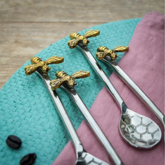 New Arrival Customised Four-Delight Gold Bee Hive Spoons Inspired by Honeycomb Design Tea Coffee Kitchen Accessories Made Metal