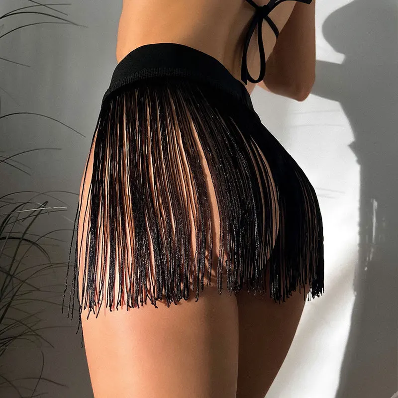PASUXI 2023 New Trend Solid Fringed Skirt Beach Wear Crochet Beach Short Dress Resort Bikini Cover Swim Bottom Skirt