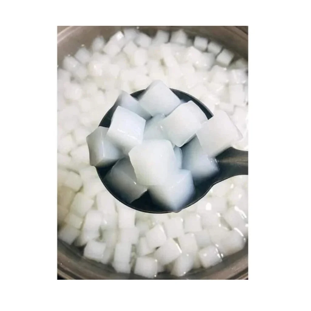 Nata de coco, also known as coconut jelly, Some companies use nata de coco as a vegan alternative to gelatin in dessert recipes