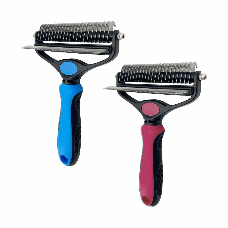 Double Sided Professional Shedding and Dematting Undercoat Rake Comb Cat Grooming Tools Loose Tangled Hair Removes Dog Brush