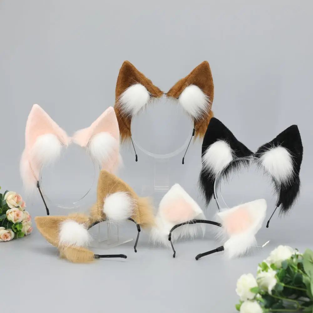 E0049 Faux Fox Cat Ears Headband Tail Set Cosplay Use Animal Costumes Halloween Dress up Accessories