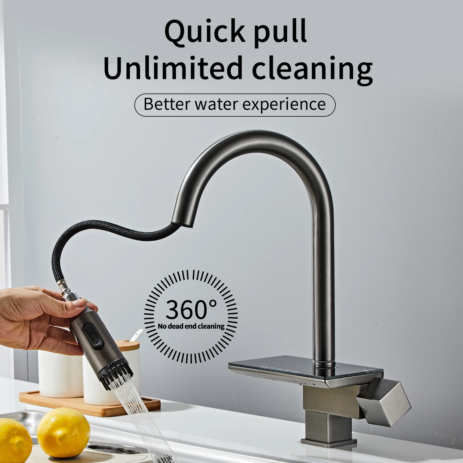 Black Gunmetal Kitchen Sink Smart Brass Waterfall Kitchen Faucet