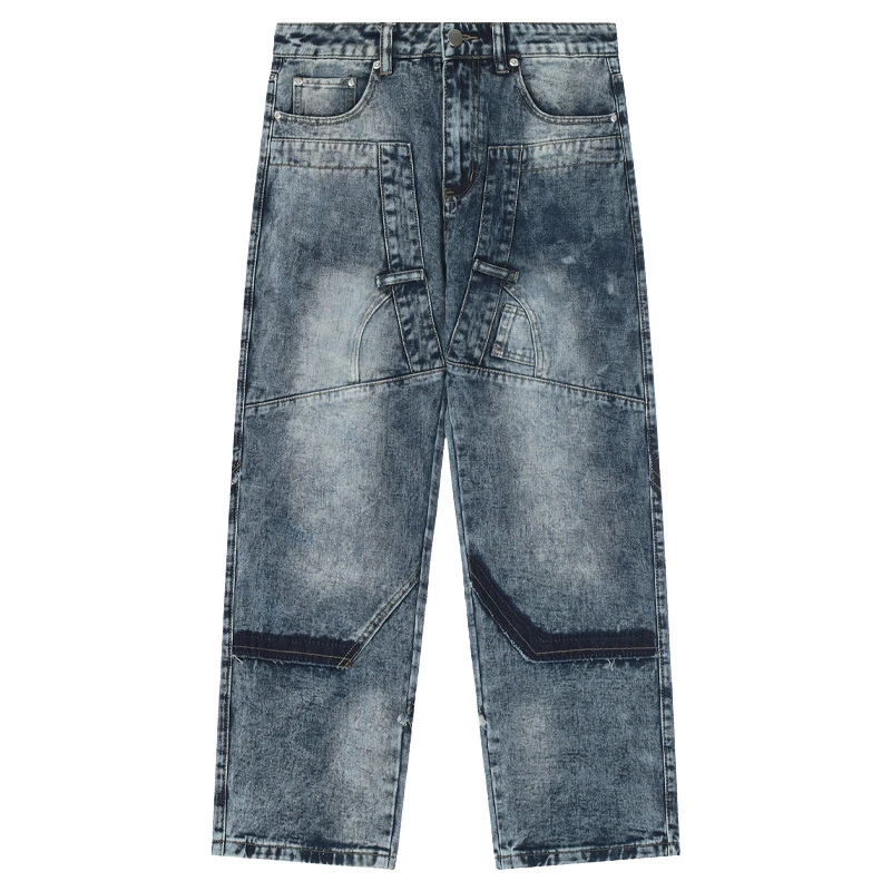 Glory Fully Custom Blue Rewash Water Large Pocket Splicing Overalls Mid Waist Regular Fit Heavyweight Men's Jeans