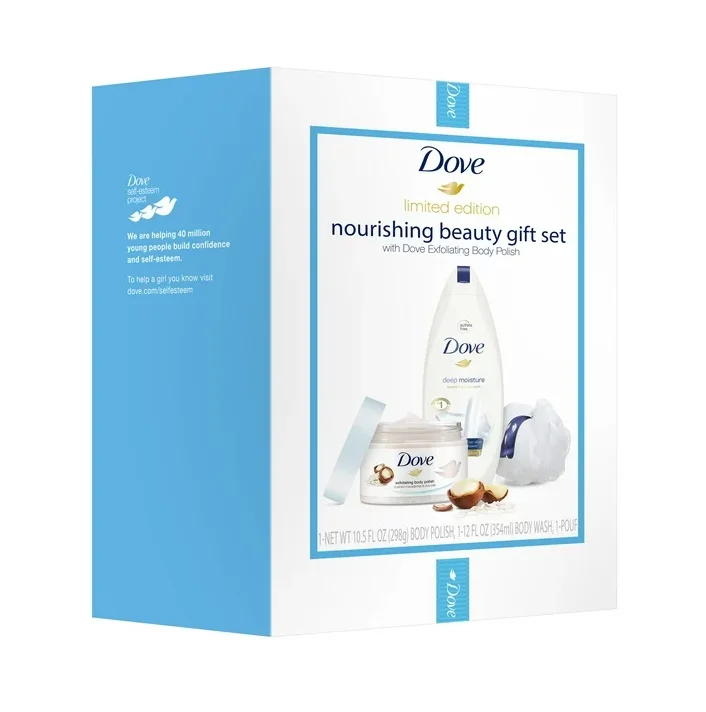 Dove Body Wash And Body Polish,Exfoliate And Deep Moisture Body Wash With Bonus Pouf 3 Piece Set