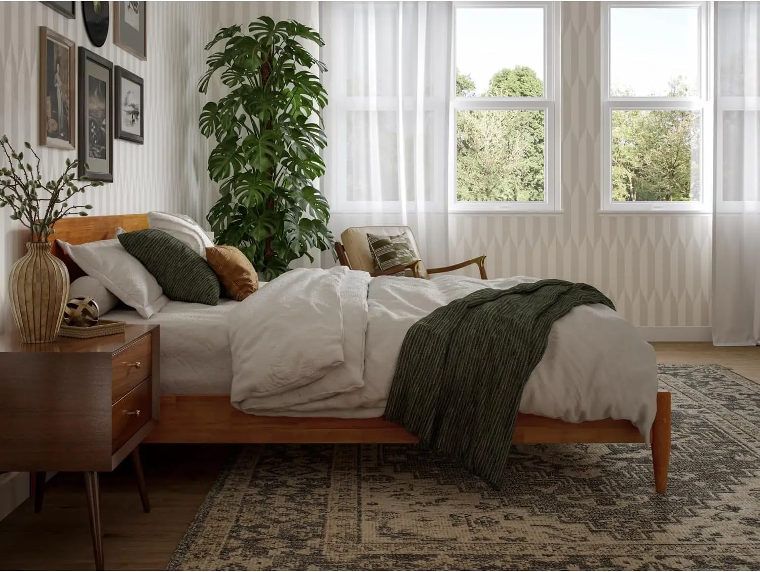 Solid Wood Modern Low Profile Platform Bed in Light Toffee Traditional Design Style