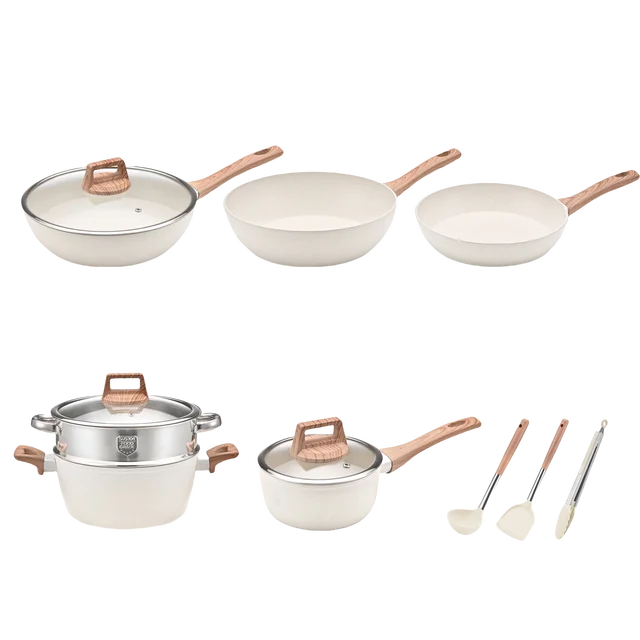Wooden Handle Kitchen Ware Non Stick Cookware Set Cooking, 12 pieces Aluminum Cookware Pots and Pans Set