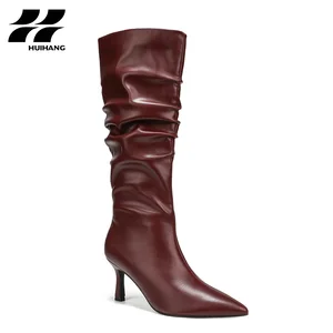 Women's Trendy Knee-High PU Leather Stiletto Boots Pointed Toe Winter Footwear for Party & Evening