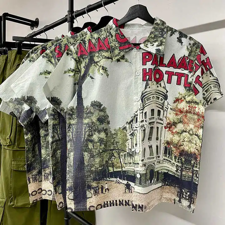 Salati Custom High Quality Summer Streetwear Drop Shoulder Oversized Collared Graphic Printed Short Sleeve Button up Shirt Men gallery 8