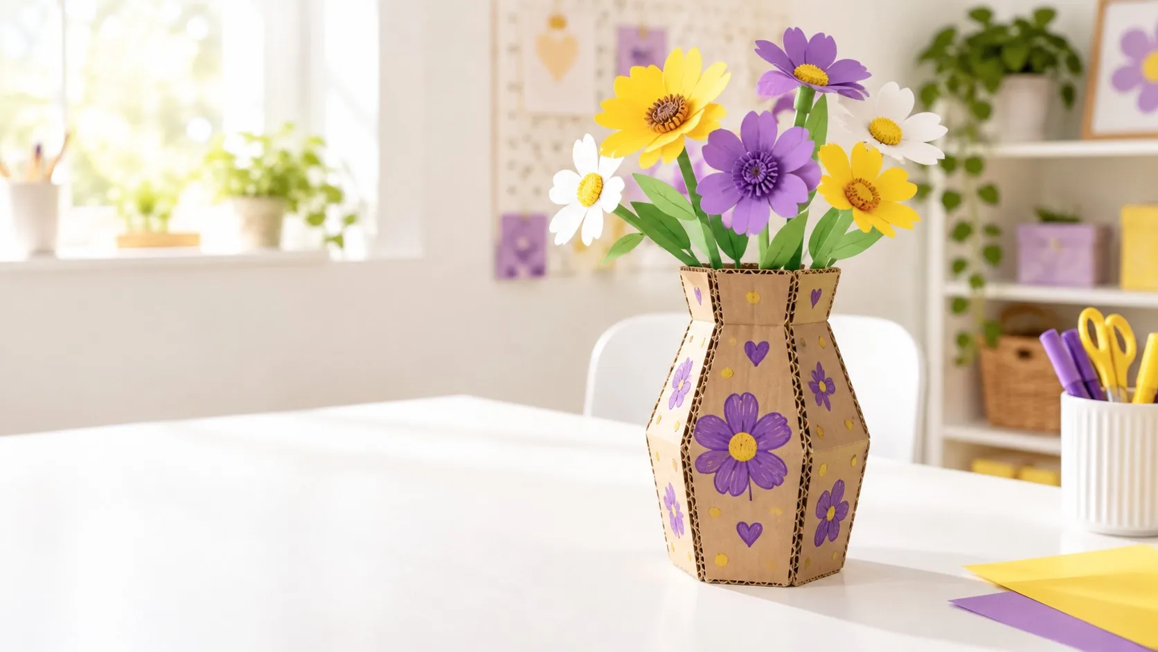 Cardboard flower vase with paper flowers