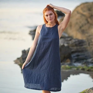 High Neck Loose Linen Navy Blue Midi Dress Daily Wear Summer Sexy Custom Women's Clothing Midi Linen Dress With Pockets OEM