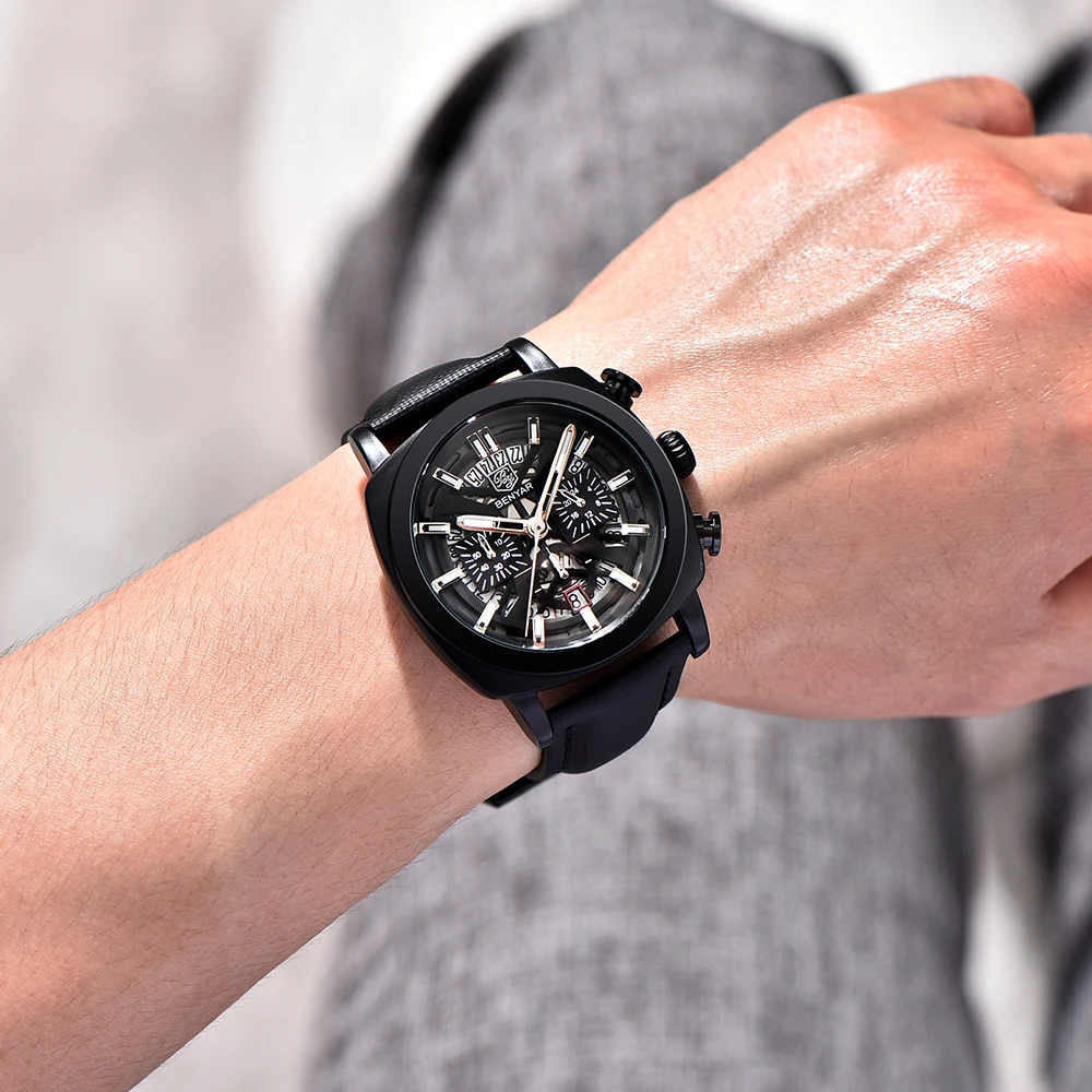 Benyar 5205 New Fashionable 43mm Luminous Dial Men's Quartz Wristwatch Chronograph 50m Waterproof Men's Watch Masculino