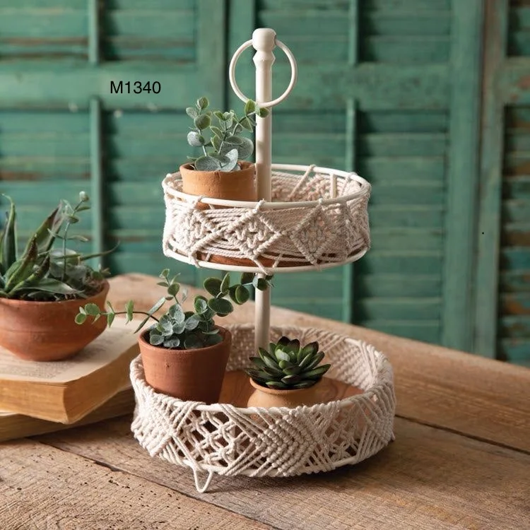 Macrame Boho Two Tier Wood Tray For Organizing Woven Decorative Tray