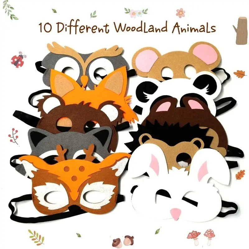 Lot De 10 Masques Animaux En Feutre – Renard, Hibou, Lapin, Ours… – Fête Jungle, Carnaval, Anniversaire