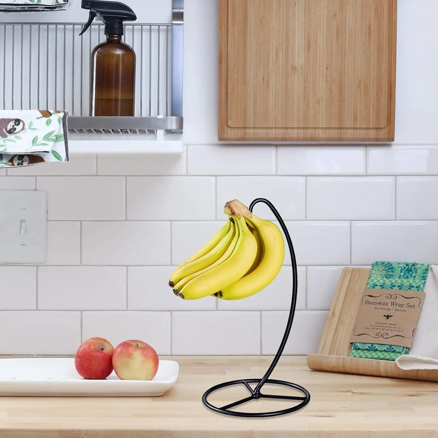 Bananen-Halterung Mit Holzsockel – Patentierter Aufhänger Aus Edelstahl, Hält Bananen Frisch, Stabil & Rutschfest, Schwarzes Design