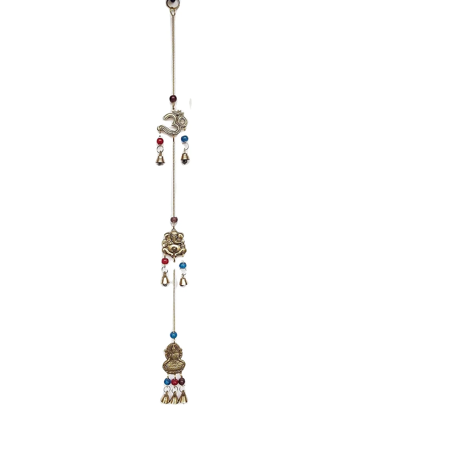 Brass Decorative String of Metal and Beads Vintage Indian Style Wall Hanging Bells Brass Wind Chimes (Om-Ganesha-Laxmiji)