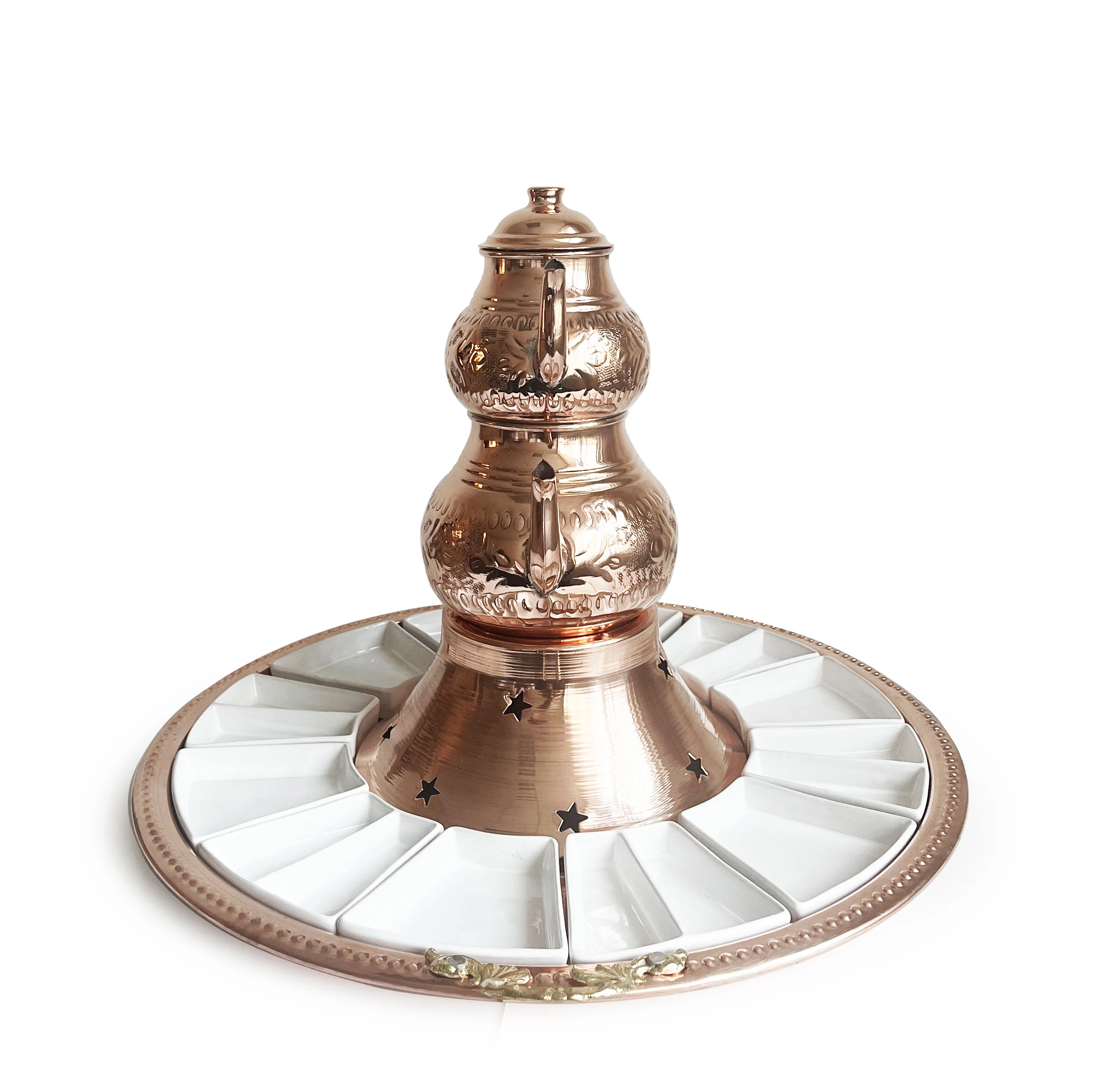 Handmade Copper Turkish Breakfast Set With Hand Carved Teapot Set, Burner and Porcelain Mini Plates, Stovetop Tea Kettle